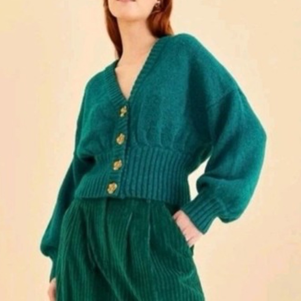 FARM RIO Emerald-Green Bohemian Knit Puff-Sleeve Sweater Cardigan